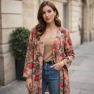 Solitaire Anthropologie Floral Faux Suede Open Front Jacket Size L